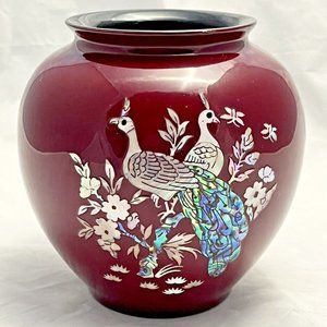 Oxblood Lacquer-like Mother of Pearl Abalone Peacock Inlay Design, Vintage EUC